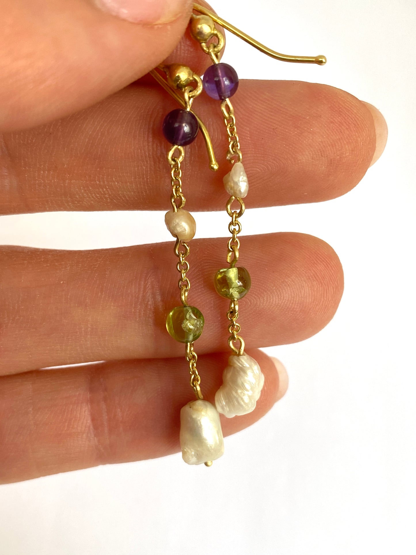 9ct Gold, Vintage Multi Gemstone Suffragette Coloured Hanging Earrrings, (Amethyst, Peridot and Baroque Pearl)