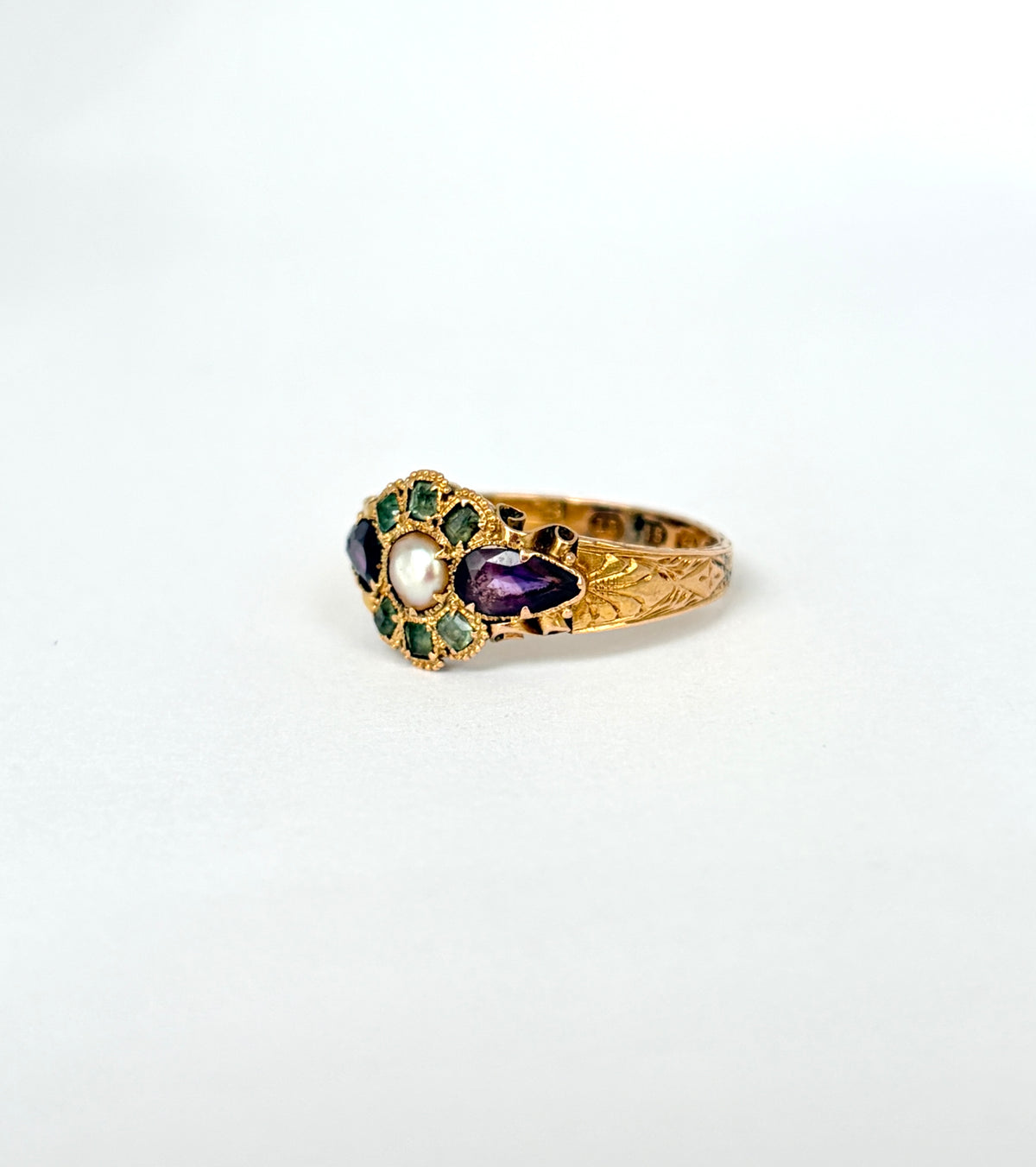 Antique, 15ct Gold, Amethyst, Emerald and Pearl Ring (Suffragette Colours) Hallmarked Birmingham, 1920