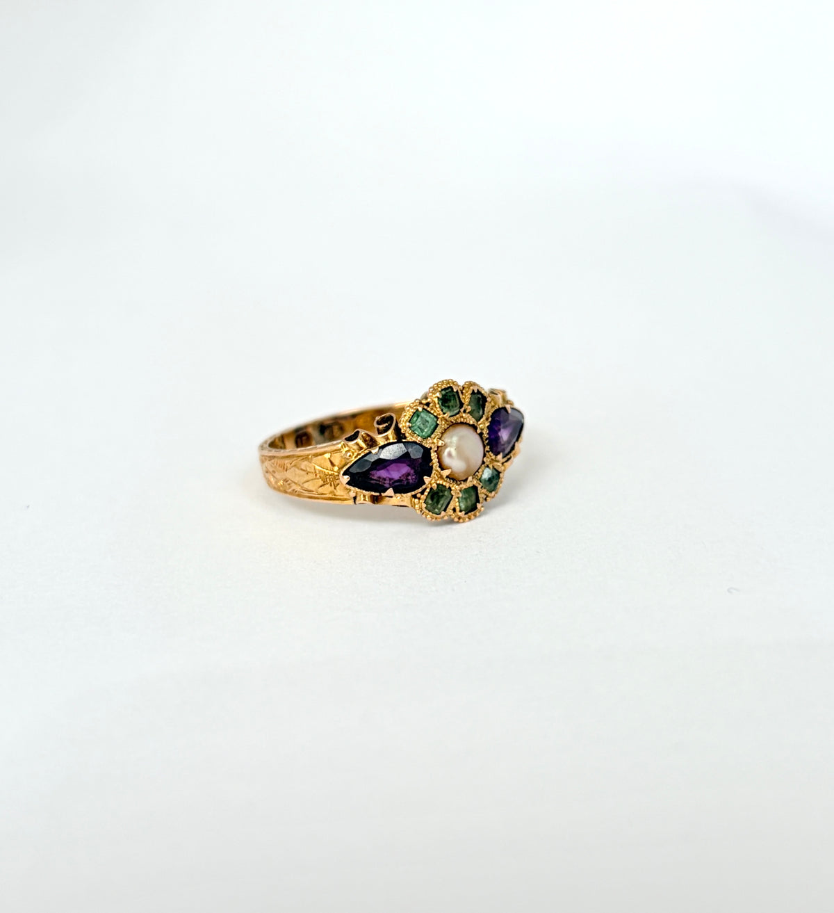 Antique, 15ct Gold, Amethyst, Emerald and Pearl Ring (Suffragette Colours) Hallmarked Birmingham, 1920