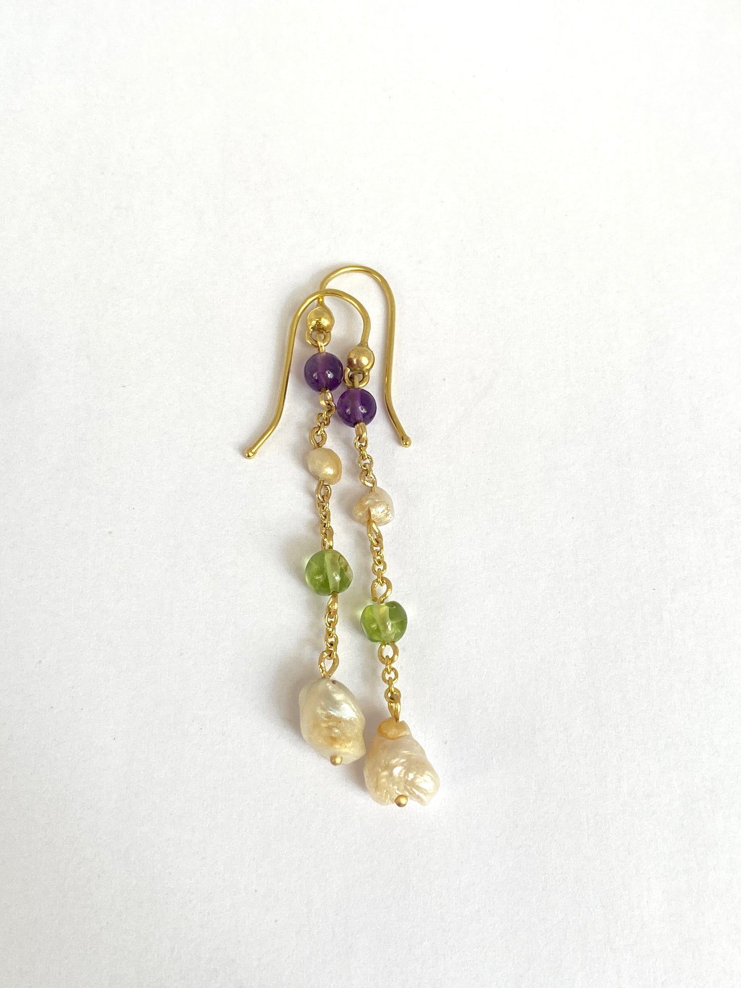 9ct Gold, Vintage Multi Gemstone Suffragette Coloured Hanging Earrrings, (Amethyst, Peridot and Baroque Pearl)