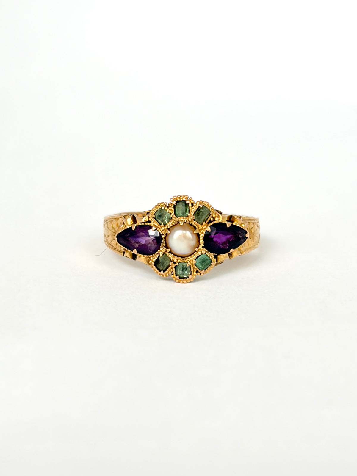 Antique, 15ct Gold, Amethyst, Emerald and Pearl Ring (Suffragette Colours) Hallmarked Birmingham, 1920