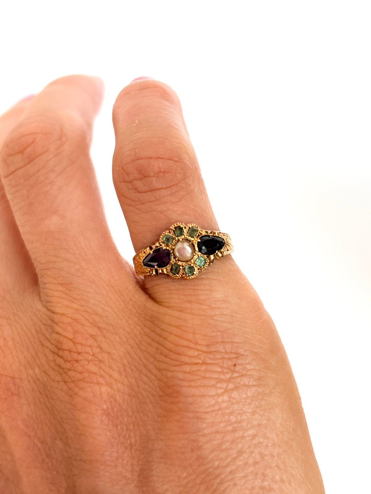 Antique, 15ct Gold, Amethyst, Emerald and Pearl Ring (Suffragette Colours) Hallmarked Birmingham, 1920