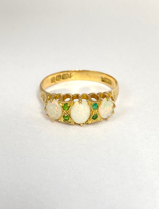 18ct Gold, Antique, Victorian Opal, and Demantoid Garnet Ring, Hallmarked Birmingham, 1913