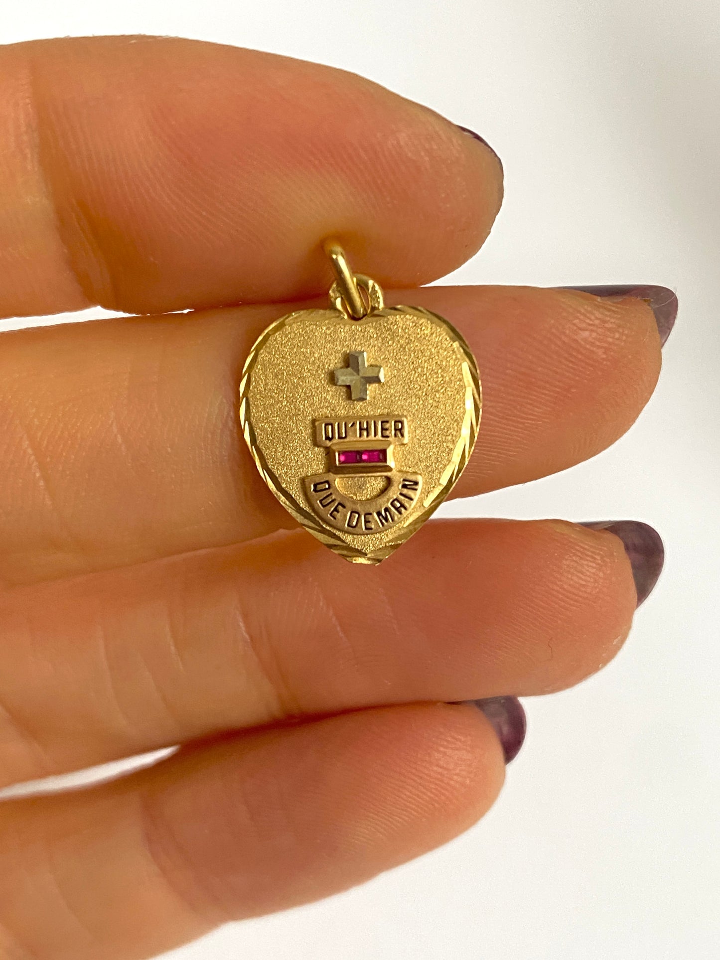 Vintage, 18ct Gold, Diamond and Ruby French Augis Love Pendant, 'Qu'hier - Que demain'