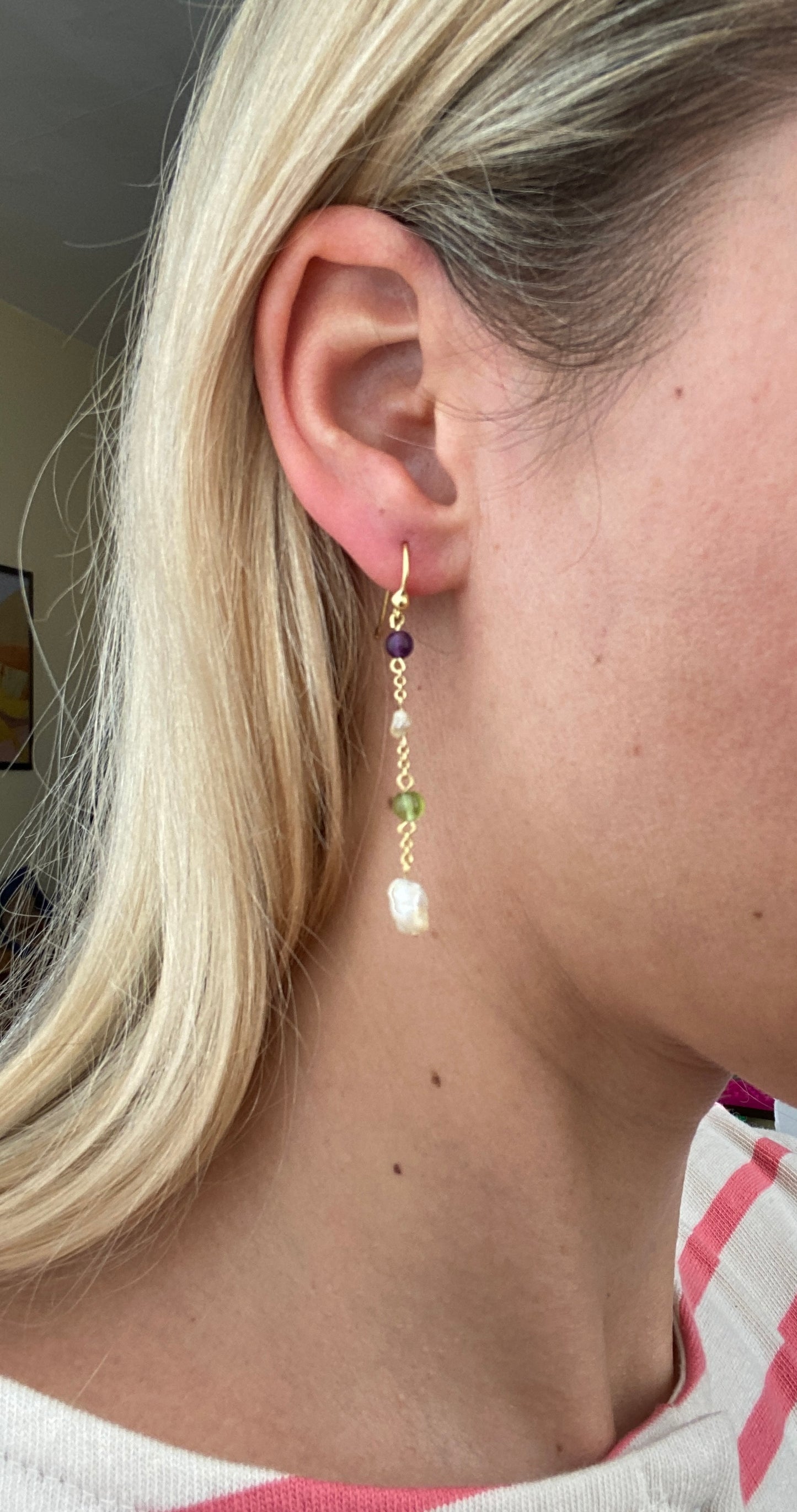 9ct Gold, Vintage Multi Gemstone Suffragette Coloured Hanging Earrrings, (Amethyst, Peridot and Baroque Pearl)