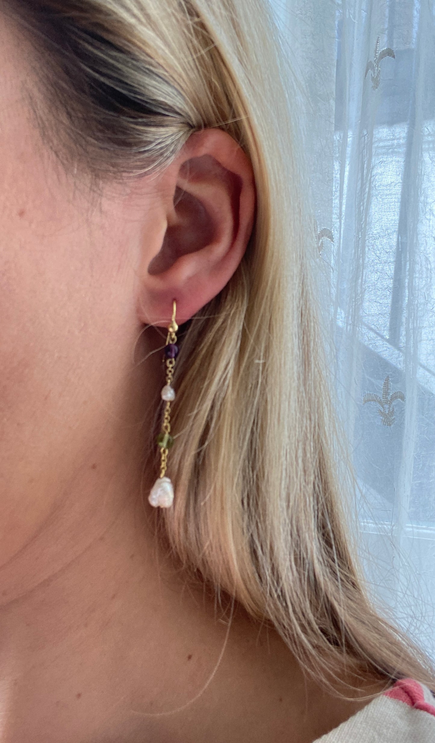 9ct Gold, Vintage Multi Gemstone Suffragette Coloured Hanging Earrrings, (Amethyst, Peridot and Baroque Pearl)