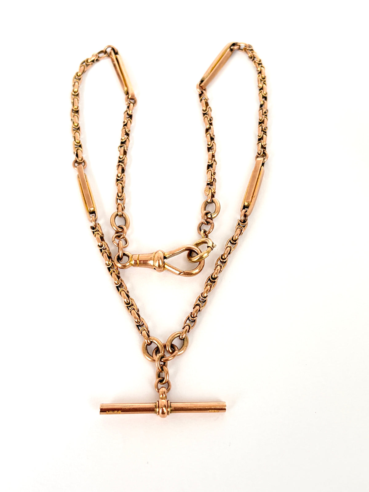 16 inch, Antique, Victorian 9ct Gold Fancy Link Albert Watch Chain with T bar and dog clip (14.57g)