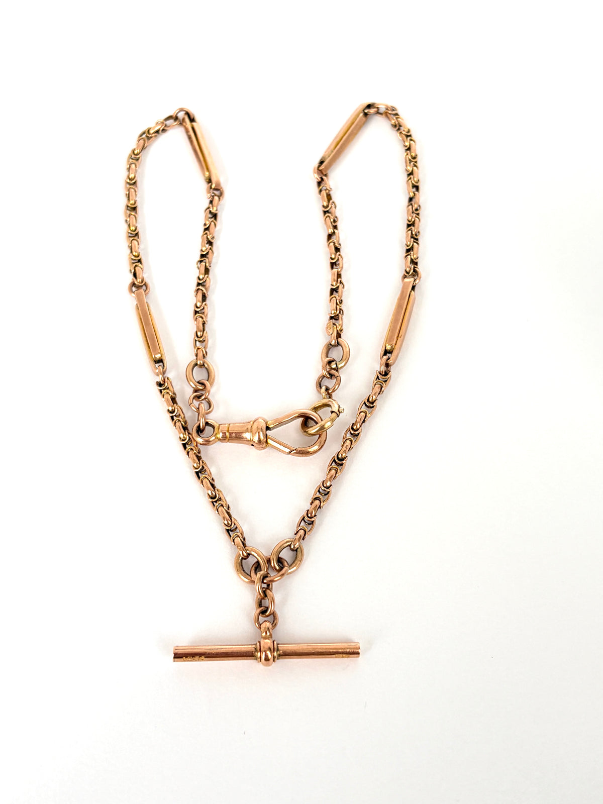 16 inch, Antique, Victorian 9ct Gold Fancy Link Albert Watch Chain with T bar and dog clip (14.57g)
