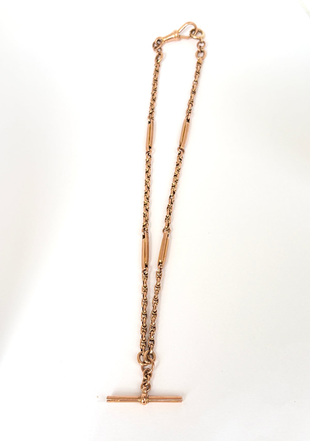 16 inch, Antique, Victorian 9ct Gold Fancy Link Albert Watch Chain with T bar and dog clip (14.57g)