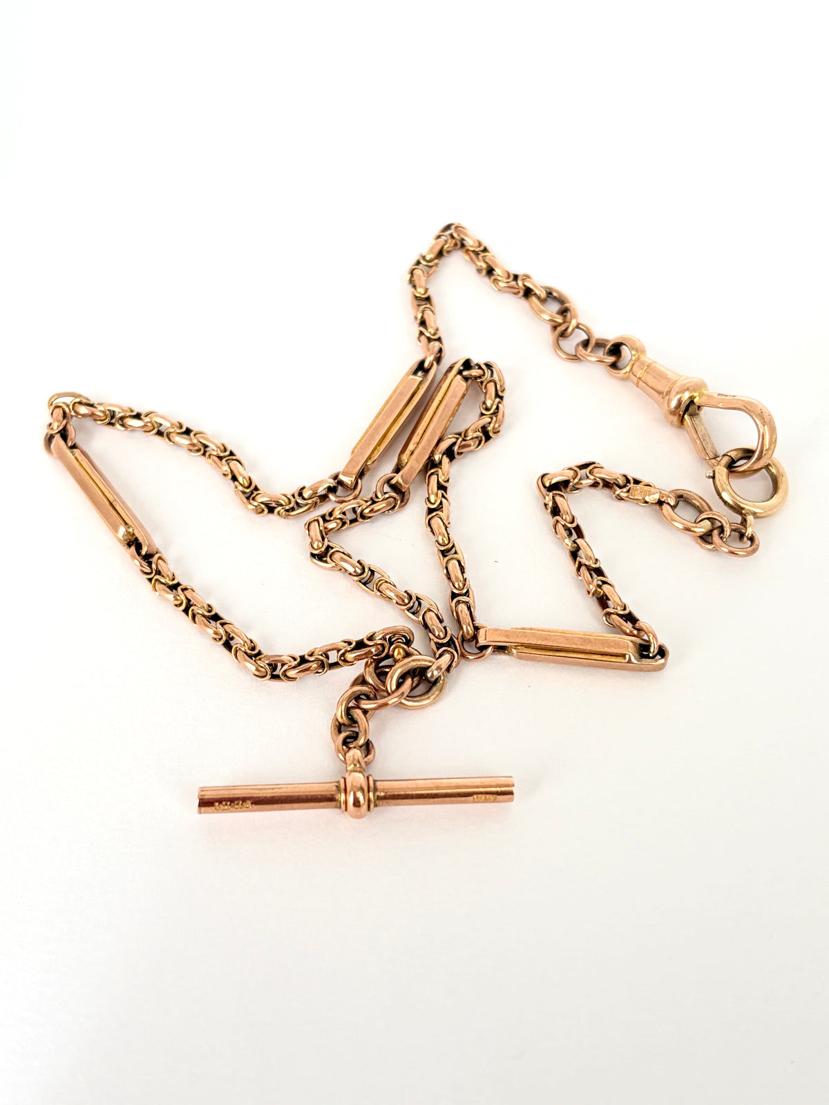 16 inch, Antique, Victorian 9ct Gold Fancy Link Albert Watch Chain with T bar and dog clip (14.57g)