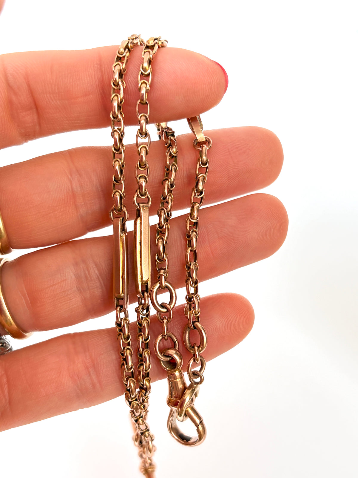 16 inch, Antique, Victorian 9ct Gold Fancy Link Albert Watch Chain with T bar and dog clip (14.57g)