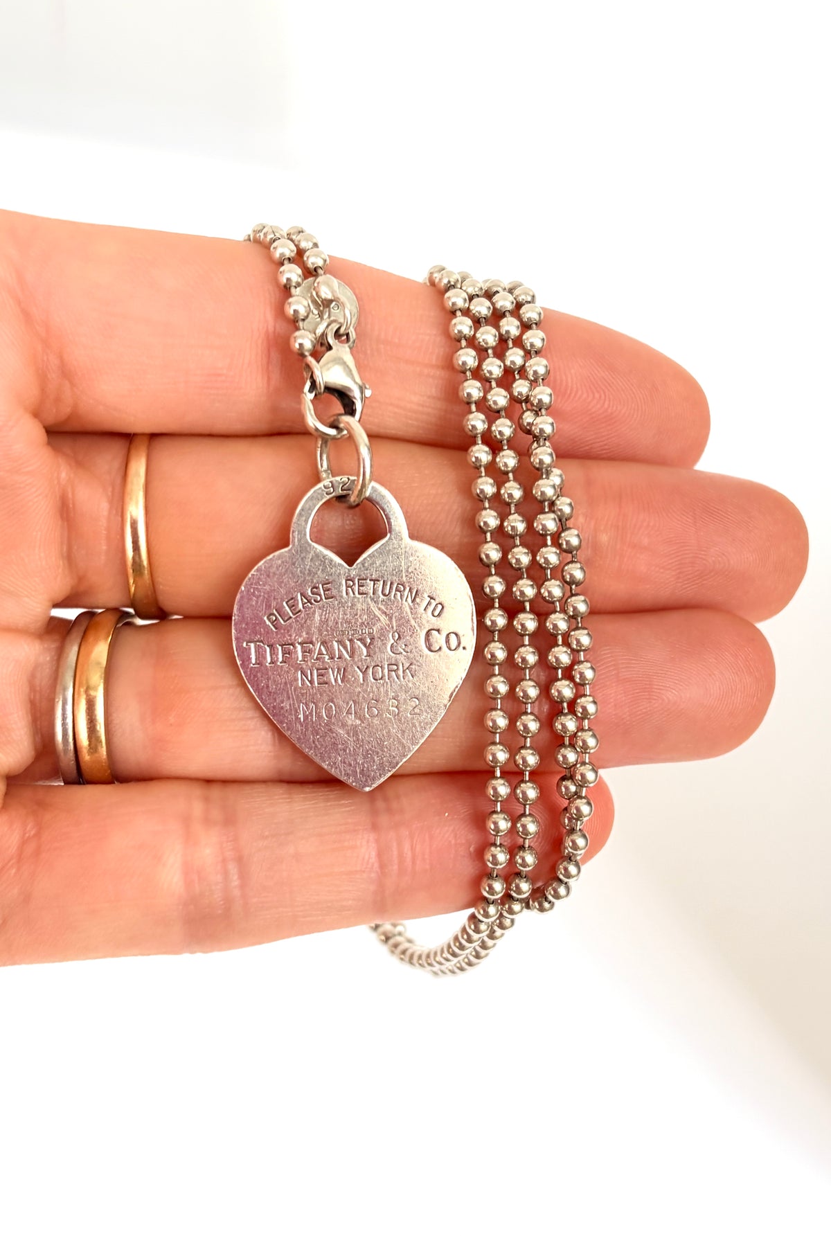 Classic Vintage,  Solid Sterling Silver Tiffany & Co Heart Tag Ball Chain, 34 inches, 23g