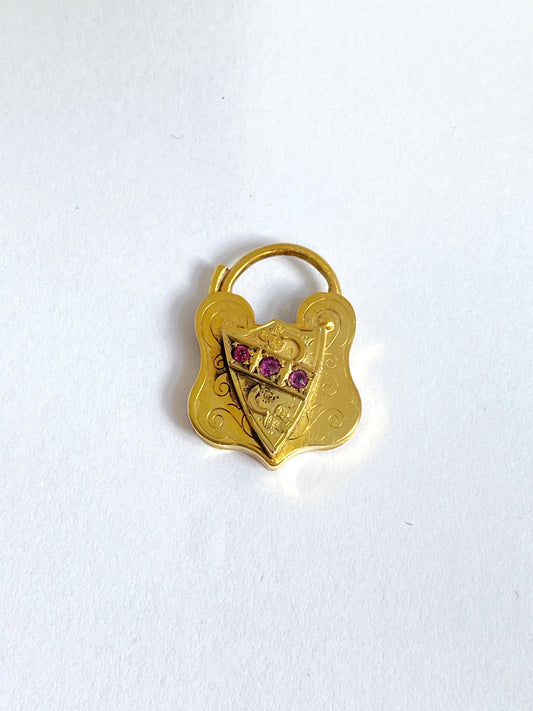 Vintage, 9ct Gold Padlock with 3 Rubies and 2, three leaf clovers