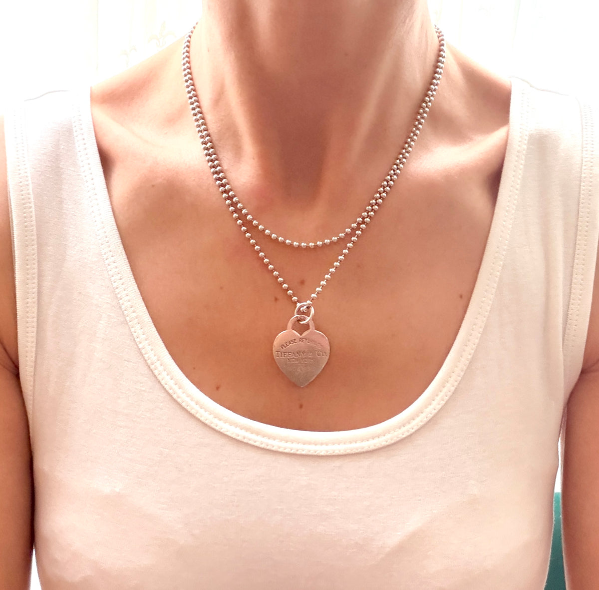 Classic Vintage,  Solid Sterling Silver Tiffany & Co Heart Tag Ball Chain, 34 inches, 23g