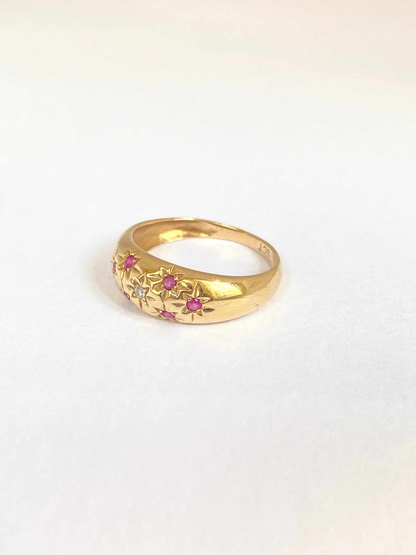 Vintage, 9ct Gold Ruby/Diamond Starburst Scatter Ring