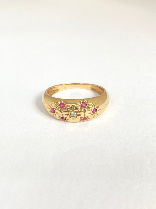 Vintage, 9ct Gold Ruby/Diamond Starburst Scatter Ring