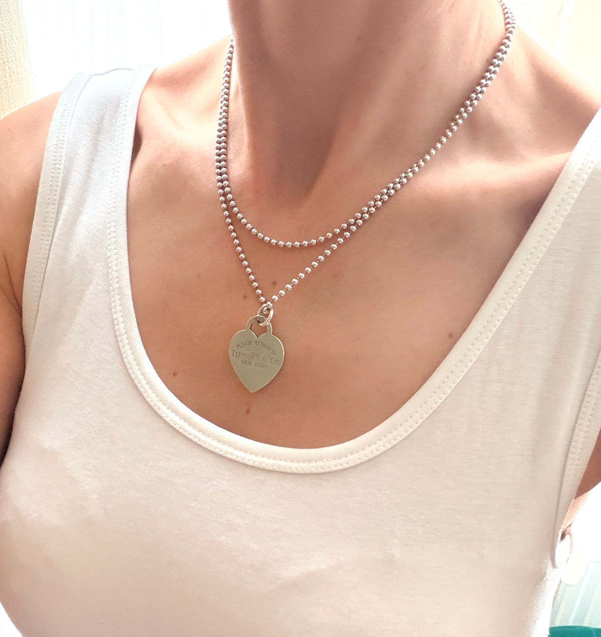 Classic Vintage,  Solid Sterling Silver Tiffany & Co Heart Tag Ball Chain, 34 inches, 23g