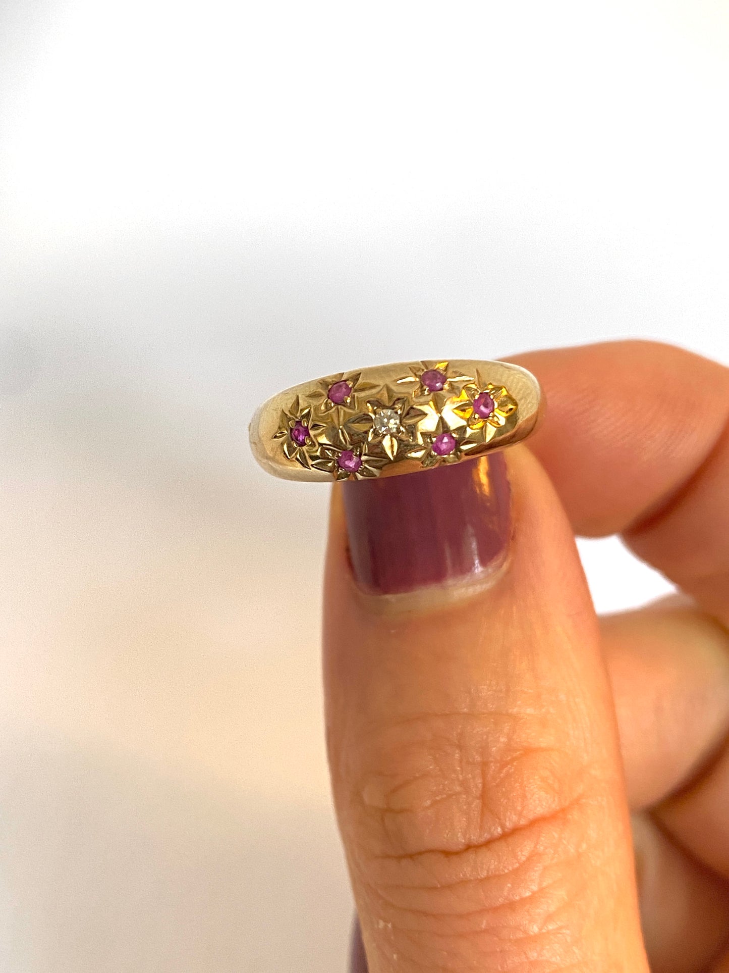 Vintage, 9ct Gold Ruby/Diamond Starburst Scatter Ring