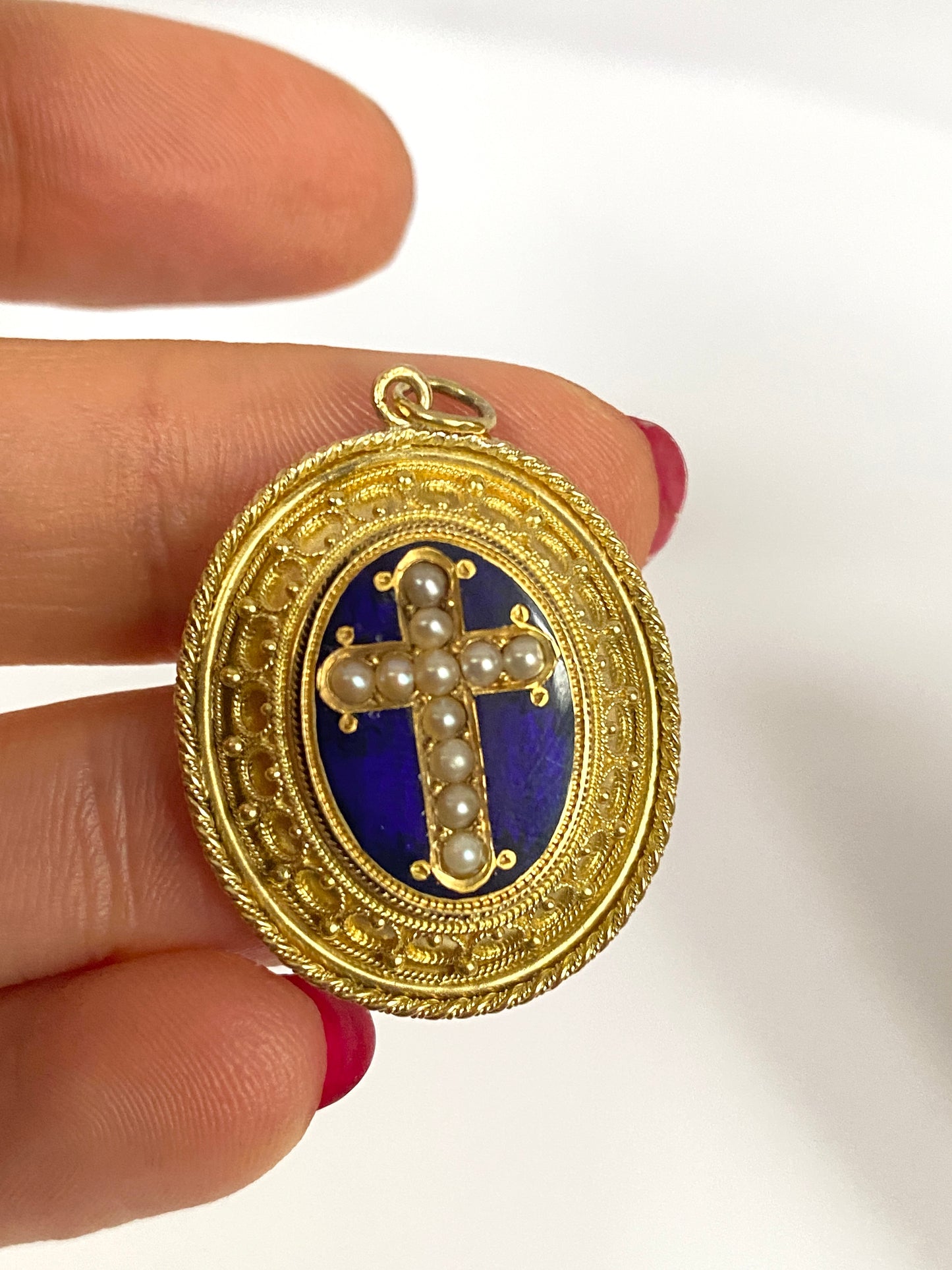 Rare, Victorian, 15ct Gold Locket backed Pendant with Blue Enamel and Pearl Cross