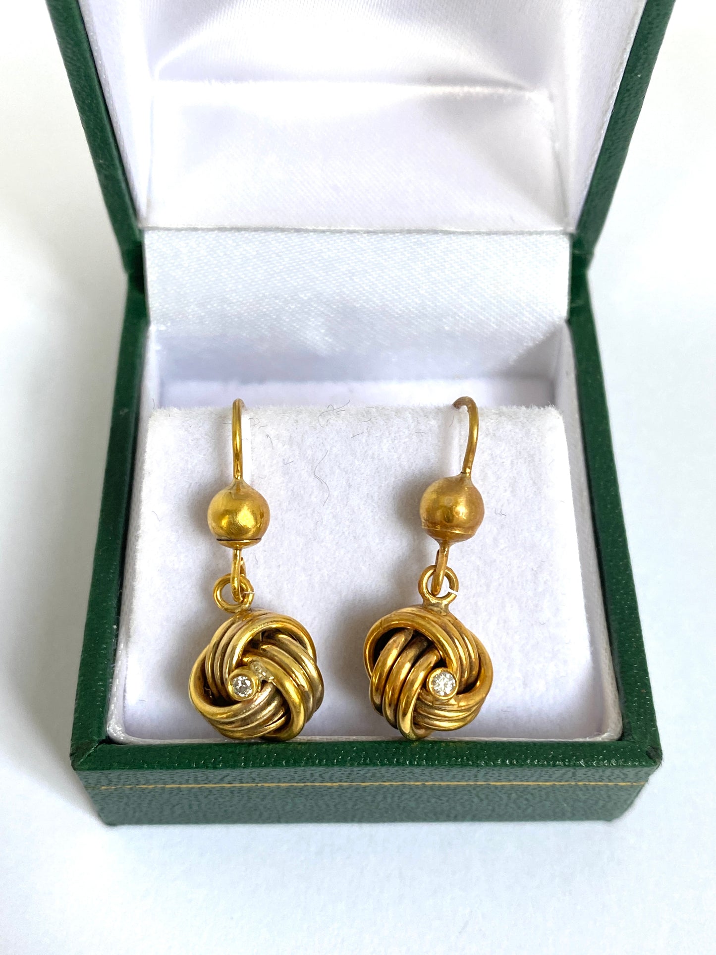 Vintage 9ct Gold, Diamond Lovers Knot Dangle Earrings