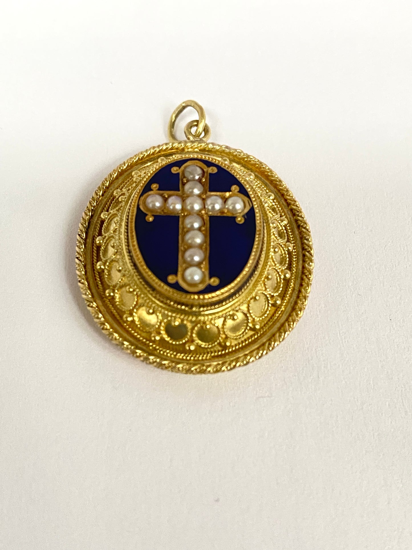 Rare, Victorian, 15ct Gold Locket backed Pendant with Blue Enamel and Pearl Cross