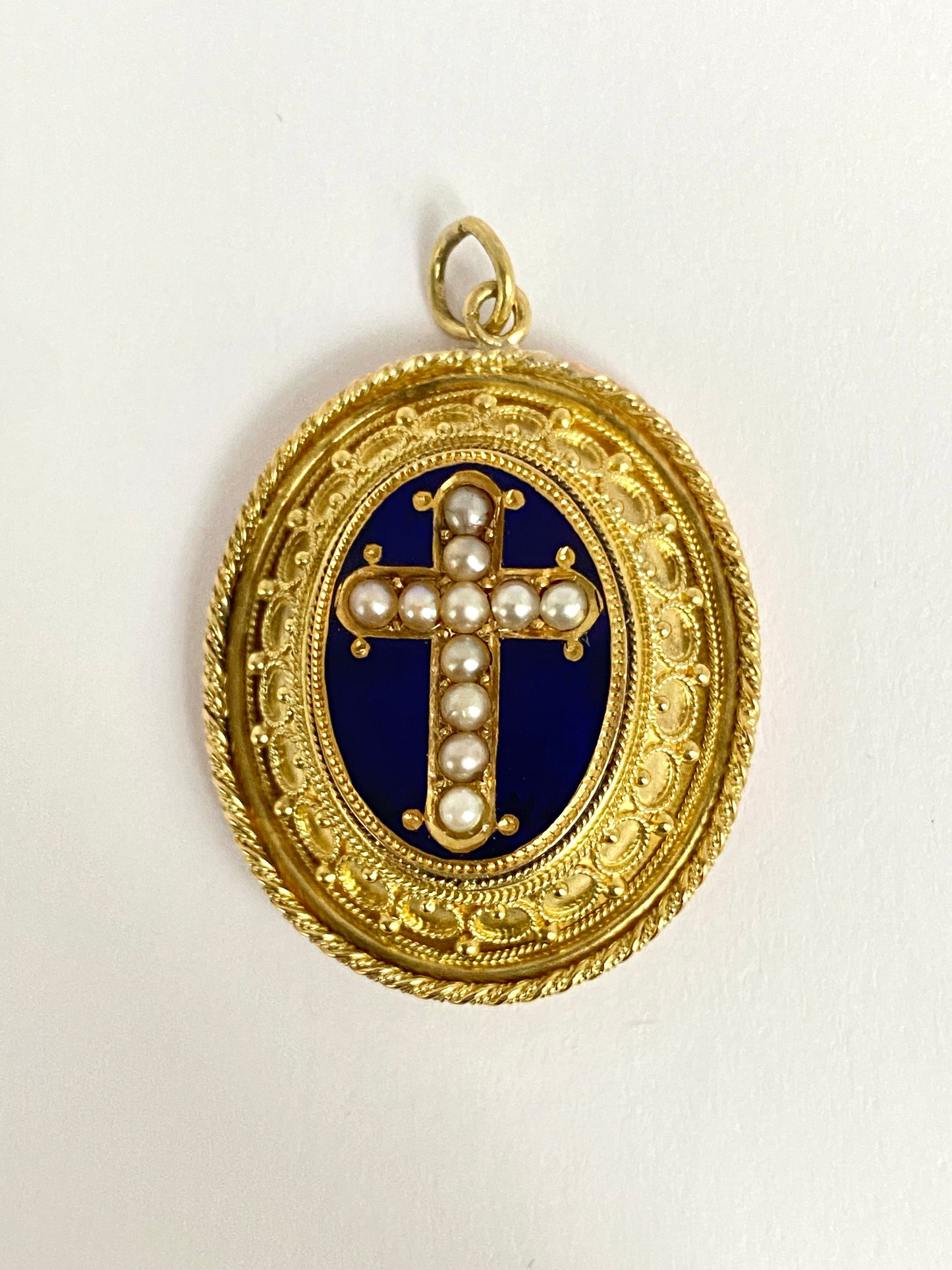 Rare, Victorian, 15ct Gold Locket backed Pendant with Blue Enamel and Pearl Cross