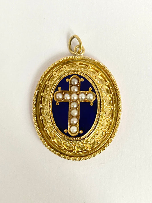 Rare, Victorian, 15ct Gold Locket backed Pendant with Blue Enamel and Pearl Cross