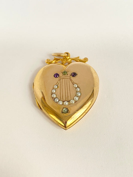 9ct Gold, Antique Heart Locket with Suffragette Colours, (Amethyst, Peridot and Pearl)