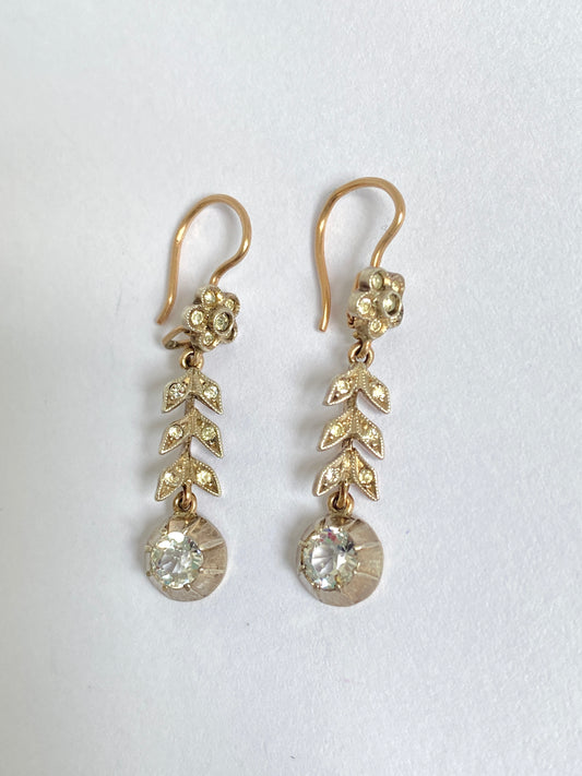 Georgian, 9ct Gold and Silver,  Paste Flower Drop Earrings