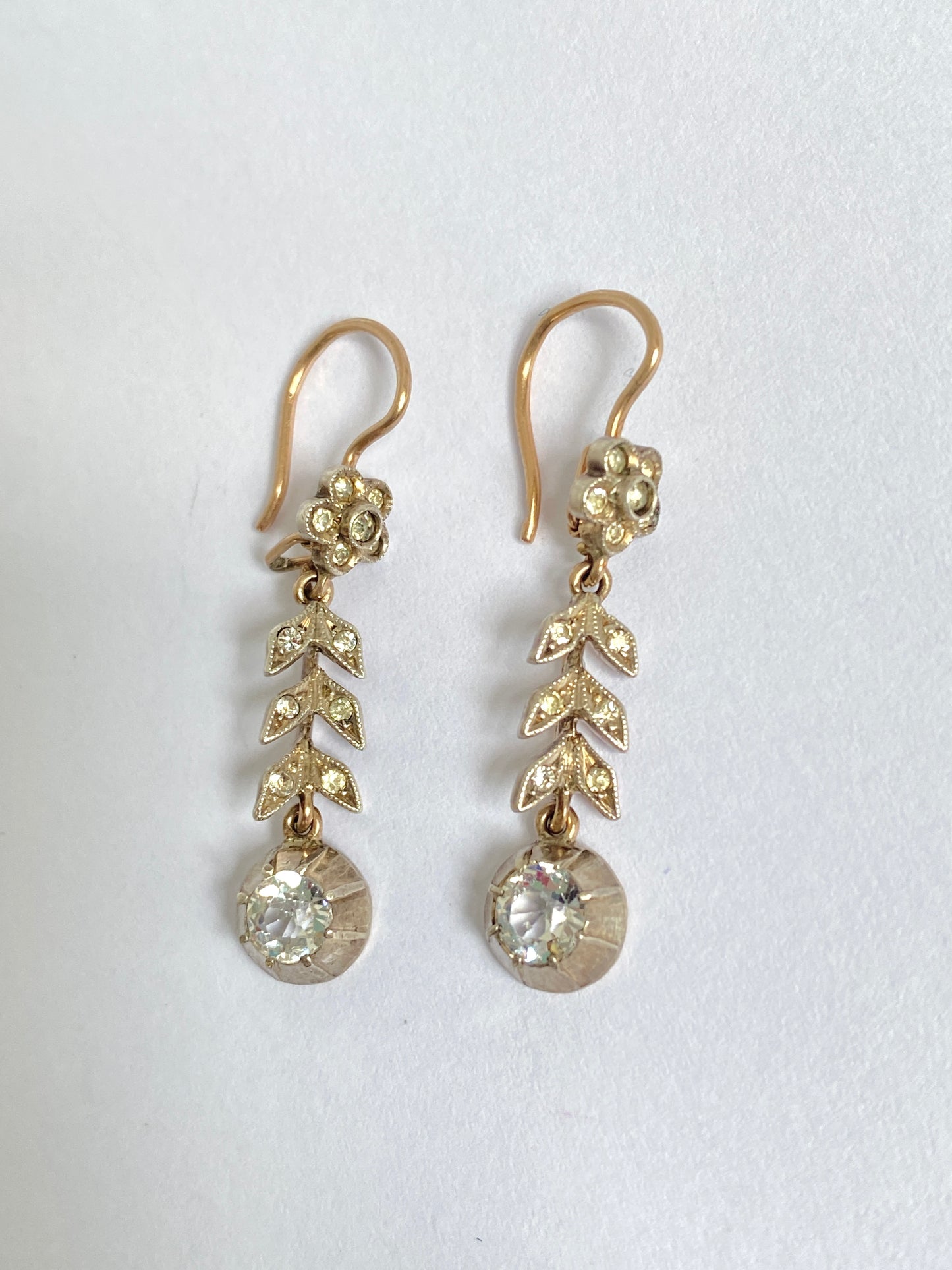 Georgian, 9ct Gold and Silver,  Paste Flower Drop Earrings