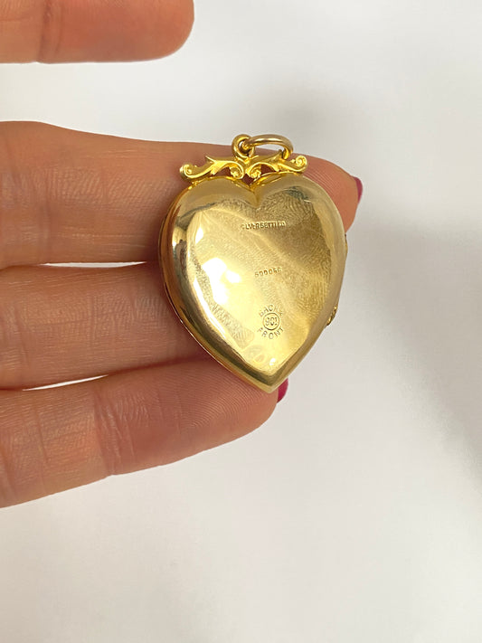 9ct Gold, Antique Heart Locket with Suffragette Colours, (Amethyst, Peridot and Pearl)