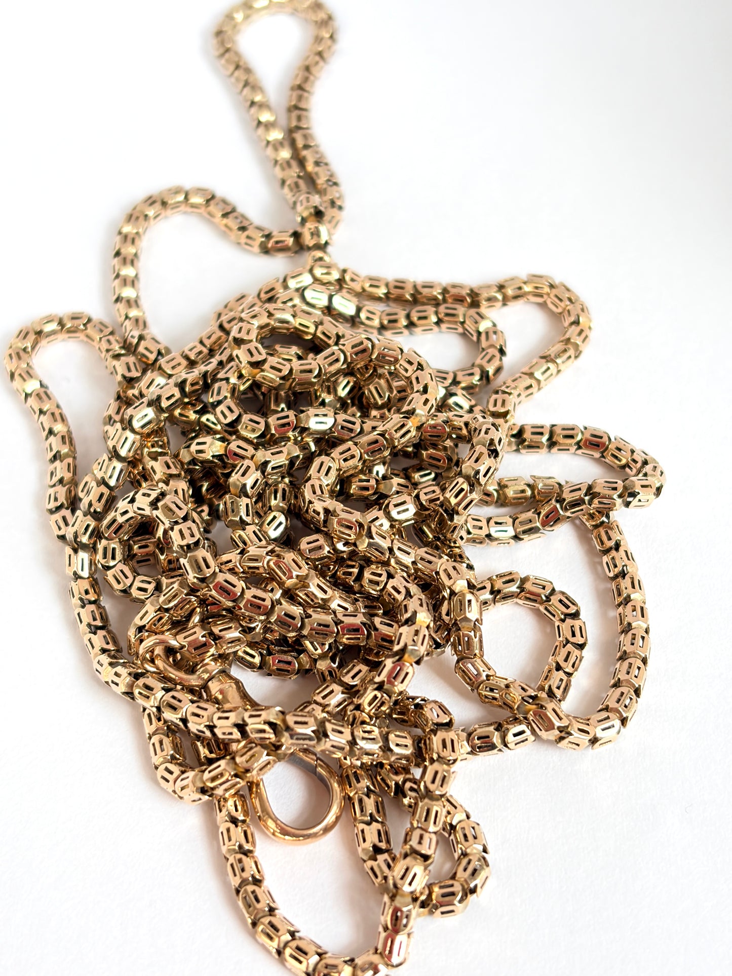 Antique, 9ct Gold Victorian Pierced Snake Link Long Guard, 64 inches, 39.16g