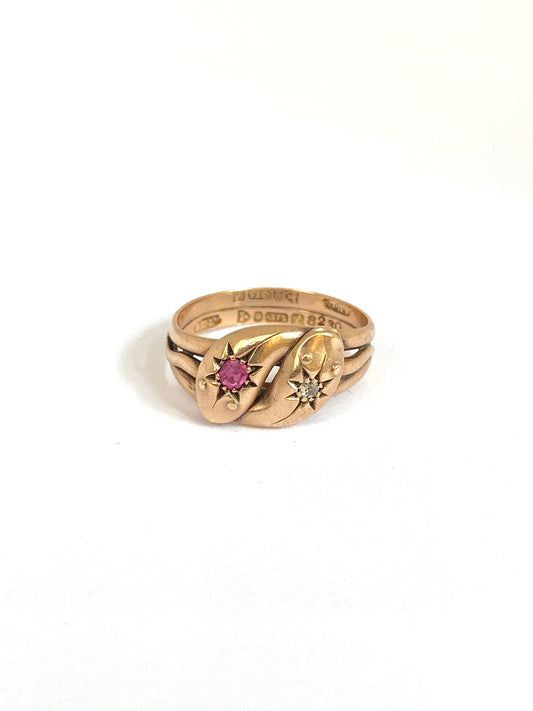 Antique, Edwardian 9ct Gold, Double Diamond and Ruby Starburst Snake Ring, Hallmarked Chester, 1911