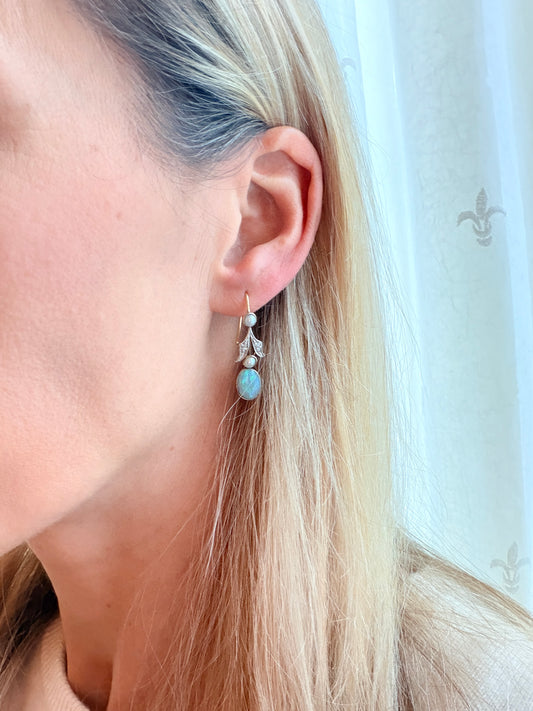 Incredible, Victorian, Opal, Diamond and Pearl earrings on Silver
