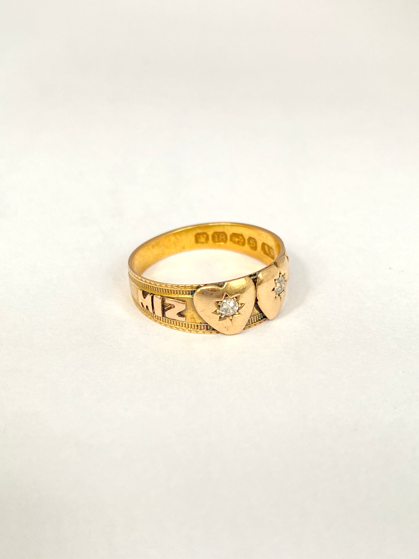 Victorian, 18ct Gold,  Double Diamond Heart Mizpah Ring, Hallmarked for Birmingham, 1892