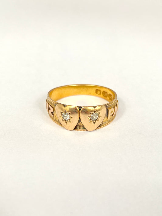 Victorian, 18ct Gold,  Double Diamond Heart Mizpah Ring, Hallmarked for Birmingham, 1892