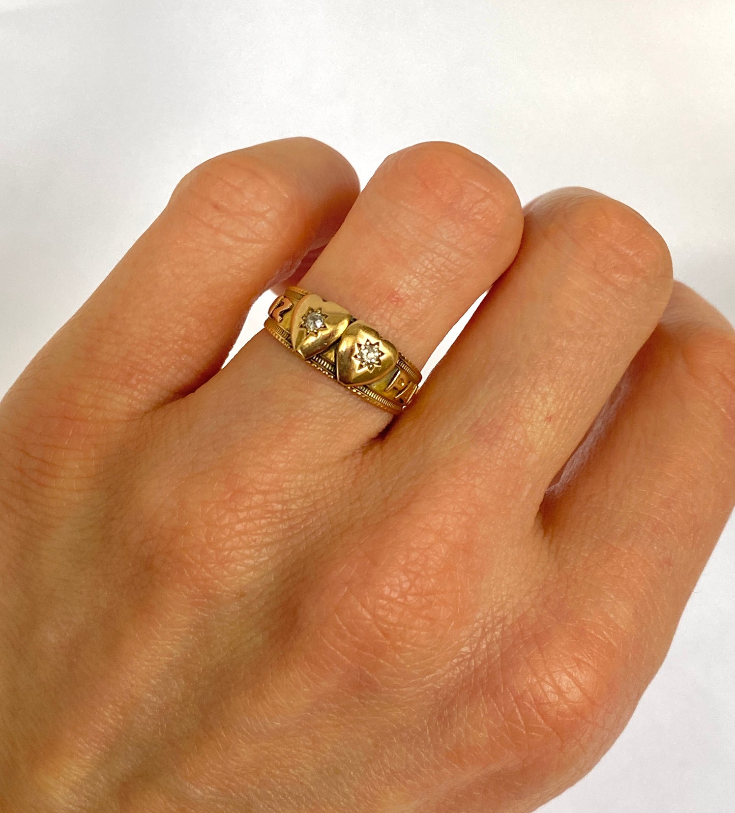 Victorian, 18ct Gold,  Double Diamond Heart Mizpah Ring, Hallmarked for Birmingham, 1892