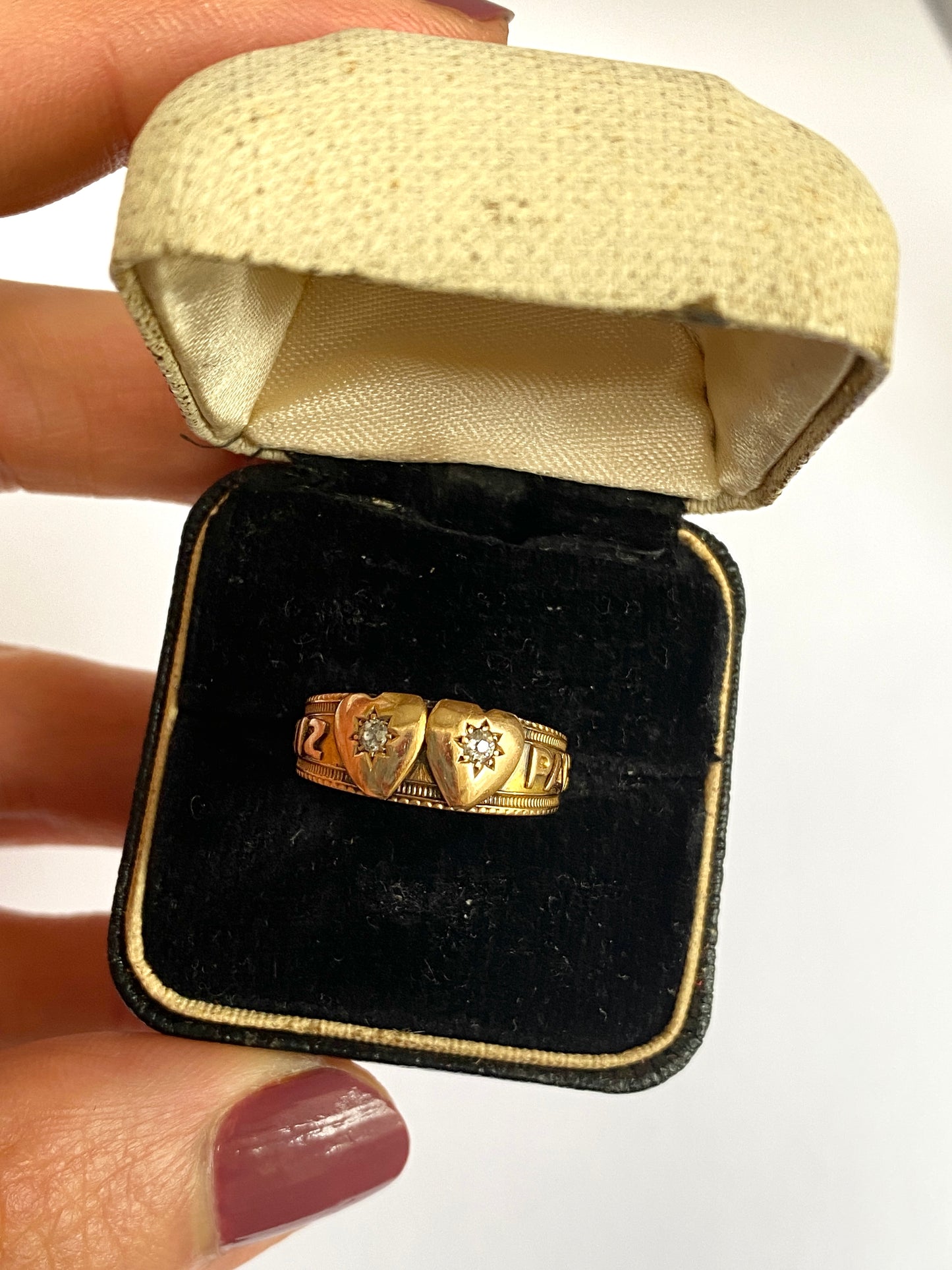 Victorian, 18ct Gold,  Double Diamond Heart Mizpah Ring, Hallmarked for Birmingham, 1892