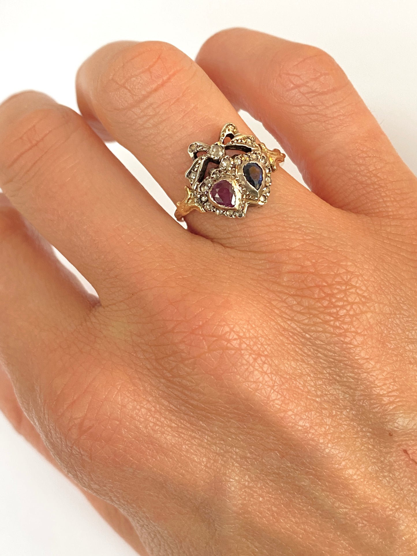 Victorian 18ct Gold, Ruby and Sapphire Double Heart Ring with Diamond Crown