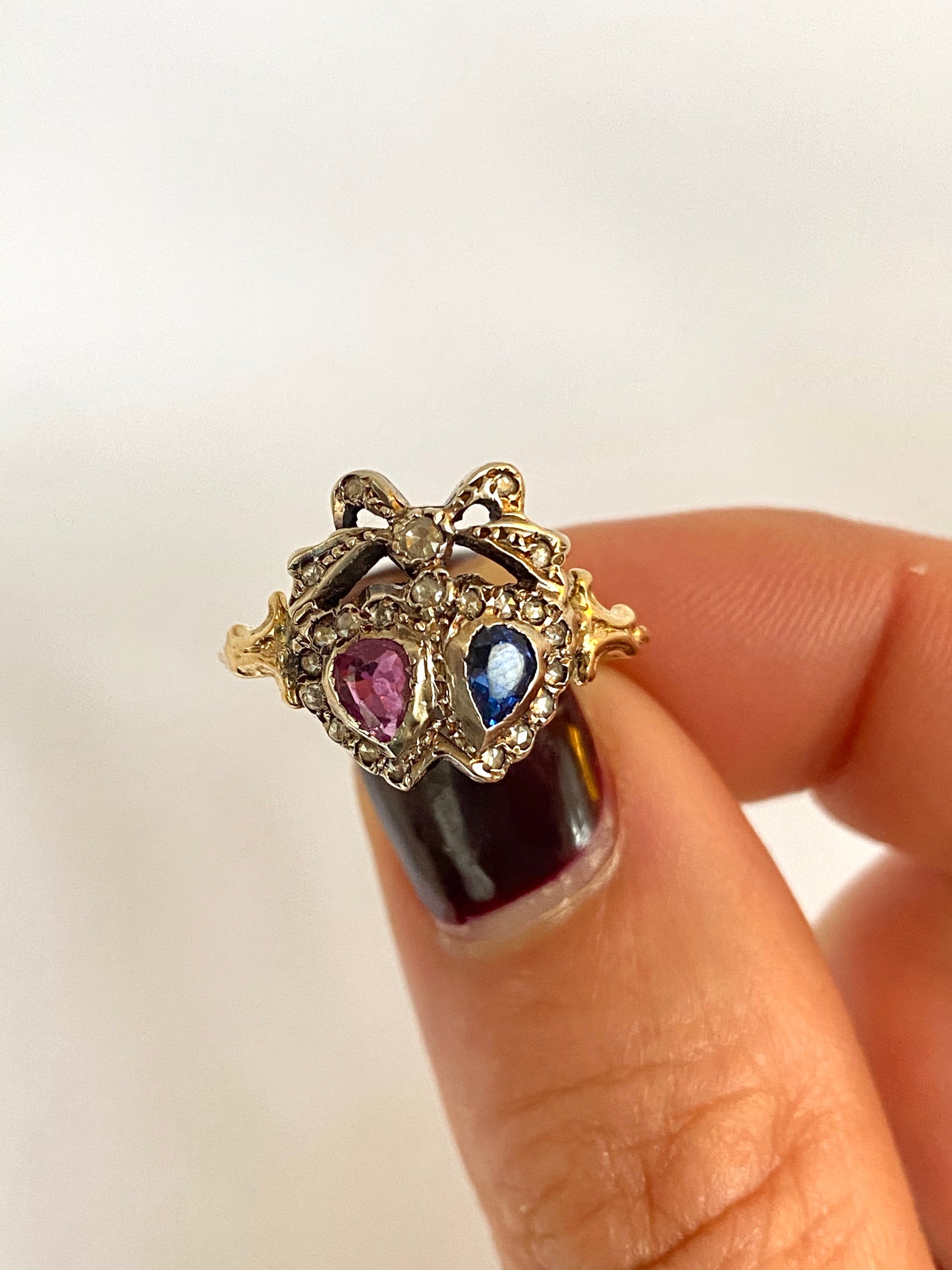 Victorian 18ct Gold, Ruby and Sapphire Double Heart Ring with Diamond Crown