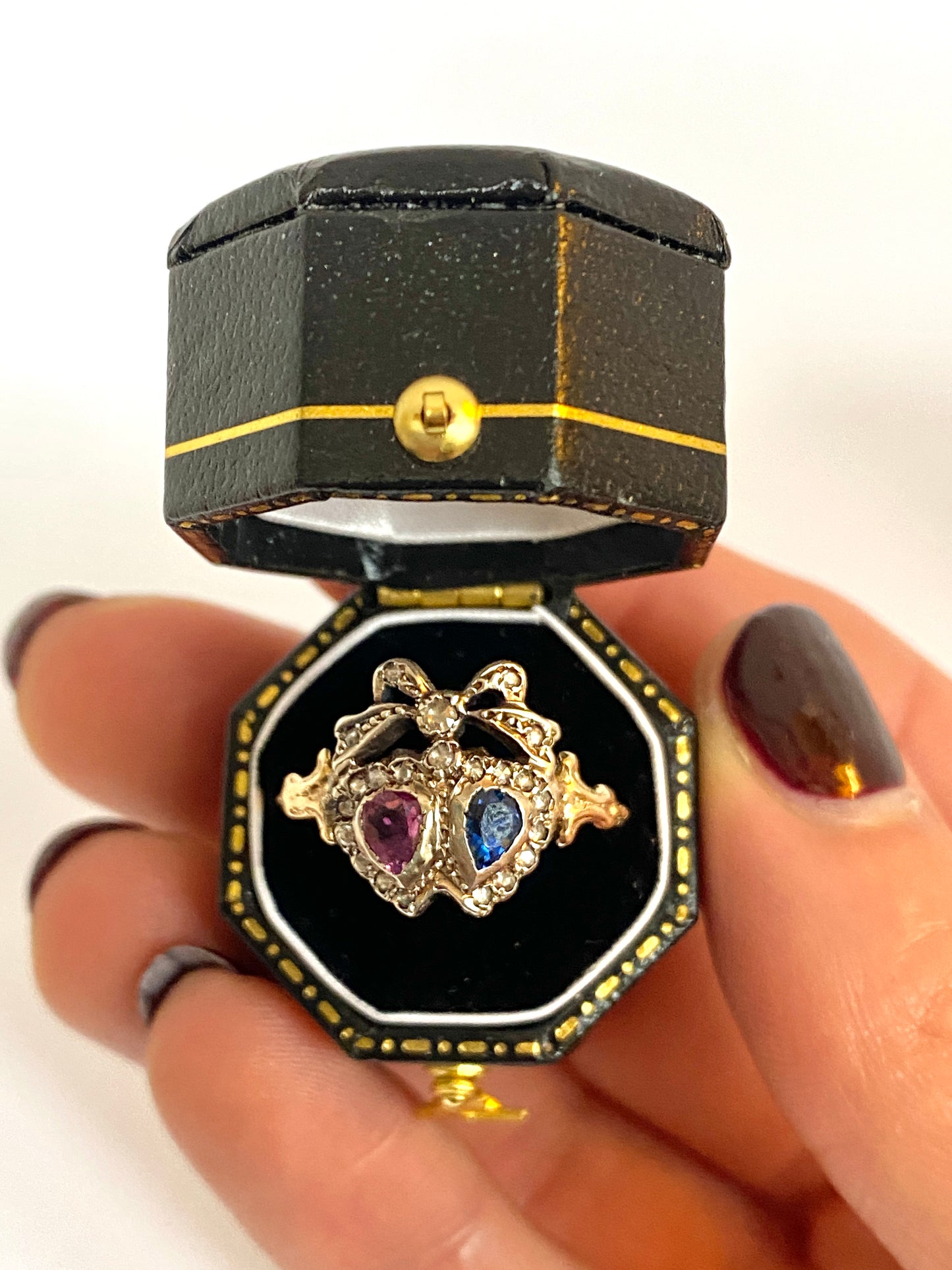 Victorian 18ct Gold, Ruby and Sapphire Double Heart Ring with Diamond Crown