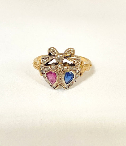 Victorian 18ct Gold, Ruby and Sapphire Double Heart Ring with Diamond Crown