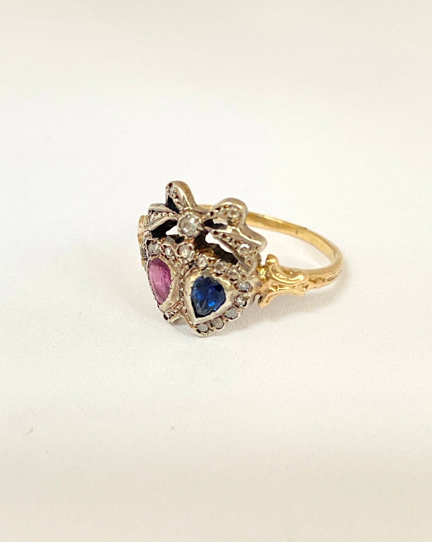 Victorian 18ct Gold, Ruby and Sapphire Double Heart Ring with Diamond Crown