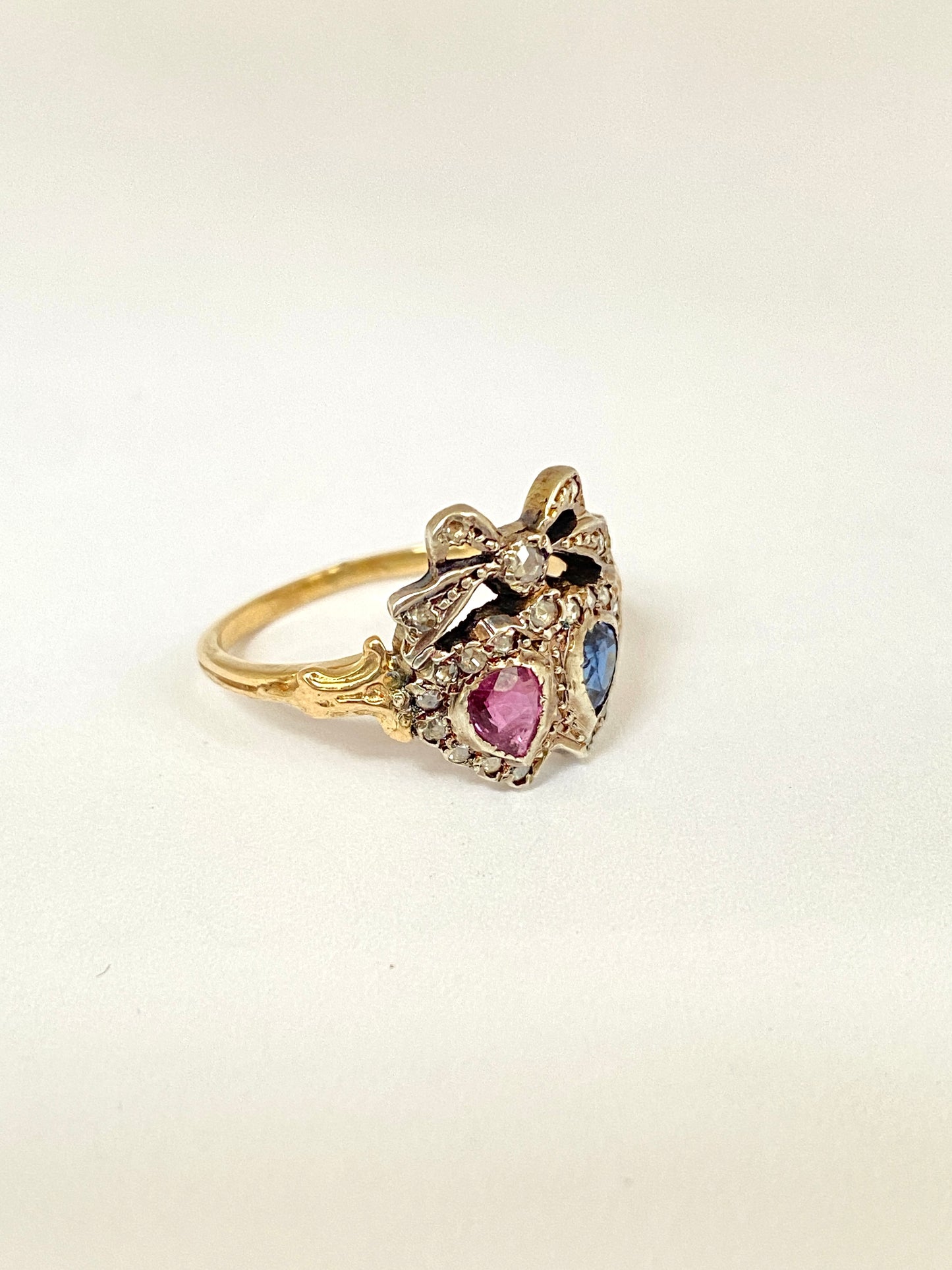 Victorian 18ct Gold, Ruby and Sapphire Double Heart Ring with Diamond Crown