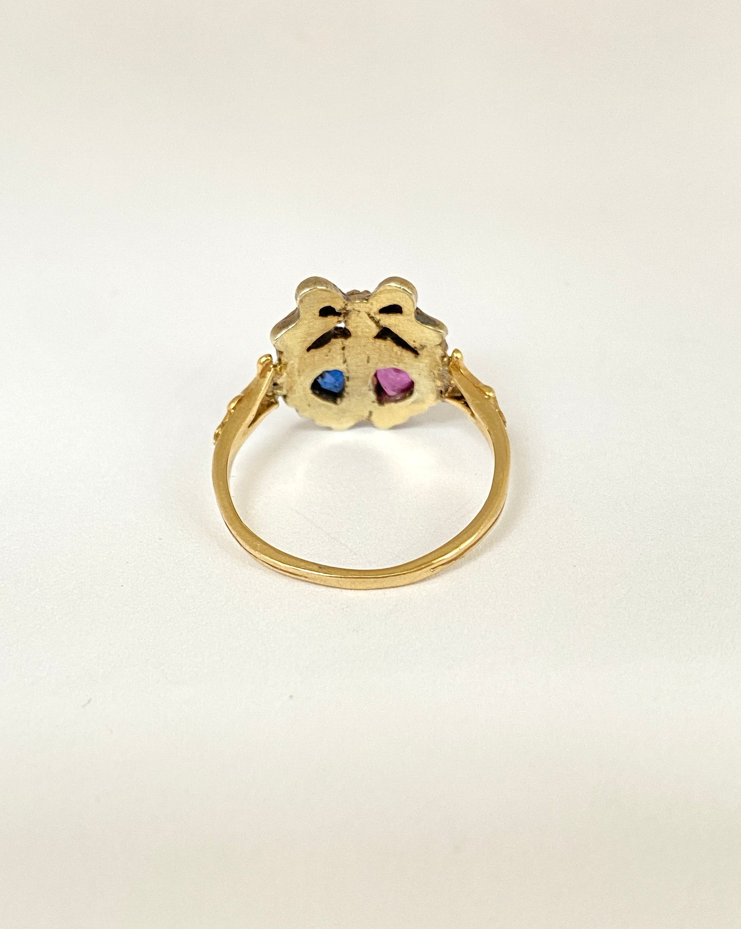 Victorian 18ct Gold, Ruby and Sapphire Double Heart Ring with Diamond Crown