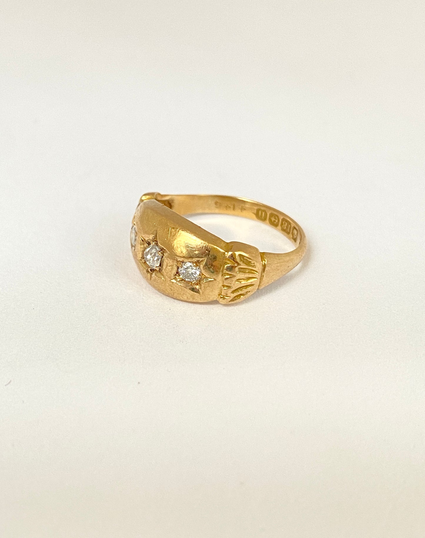 Antique, 18ct Gold, Triple Diamond Gypsy Ring, Hallmarked Birmingham, 1912