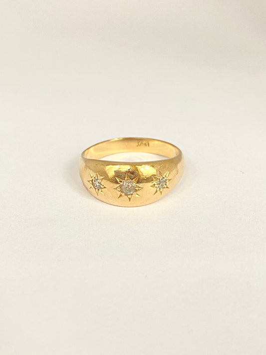 Vintage, 18ct Gold, Old Cut Diamond, 3 Star, Gypsy Ring, Hallmarked 18ct Gold