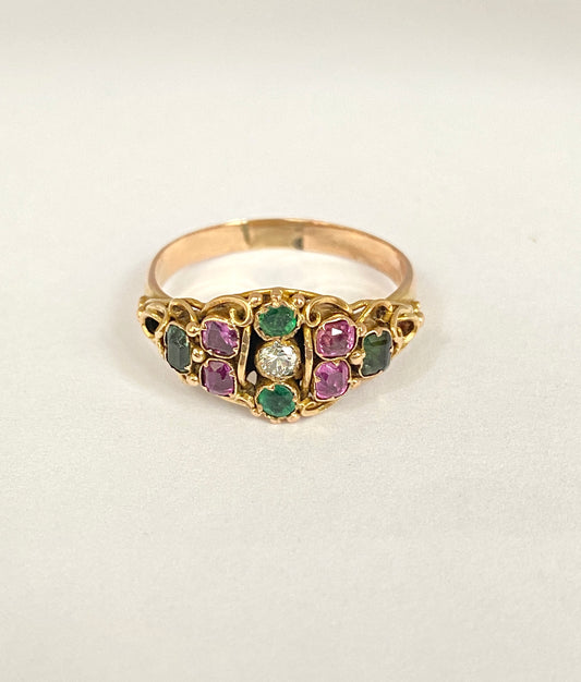 Victorian, 15ct Gold Diamond, Almandine Garnet and Emerald Ring