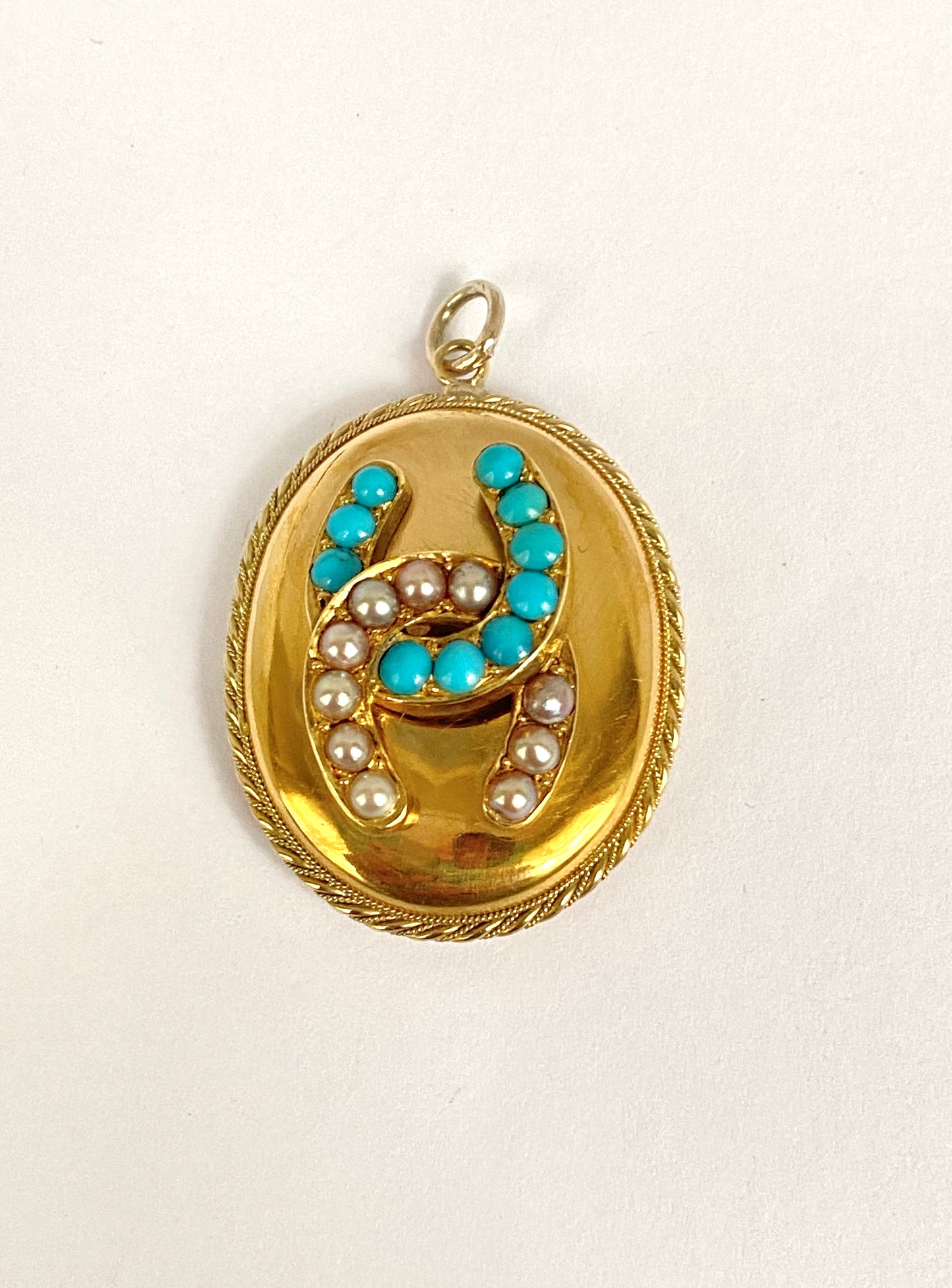 15ct Gold, Victorian Seed Pearl and Turquoise Lucky Double Horse Shoe Locket / Pendant