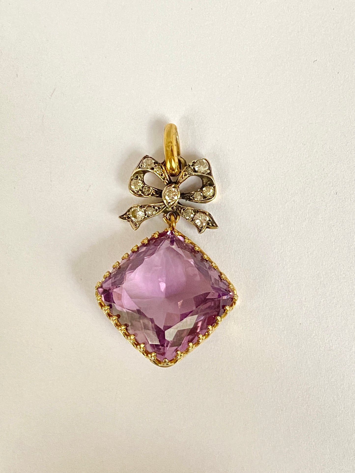 Large, Art Nouveau, Amethyst Pendant with Diamond Bow in Silver Gilt